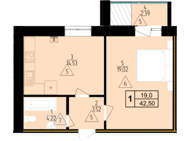 ЖК Мрия Золочев: планировка 1-комнатной квартиры 42.6 м²