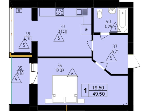 ЖК Мрія Золочів: планування 1-кімнатної квартири 49.8 м²