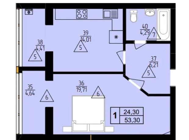 ЖК Мрія Золочів: планування 1-кімнатної квартири 53.3 м²