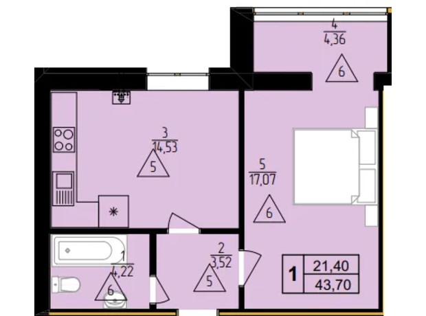 ЖК Мрия Золочев: планировка 1-комнатной квартиры 43.7 м²