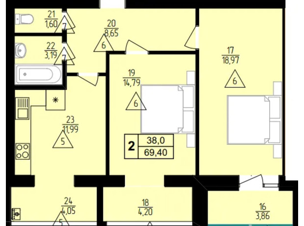 ЖК Мрія Золочів: планування 2-кімнатної квартири 69.4 м²