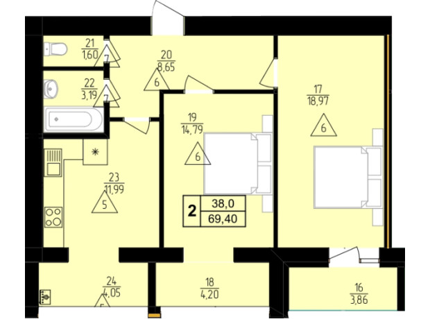 ЖК Мрія Золочів: планування 2-кімнатної квартири 69.5 м²