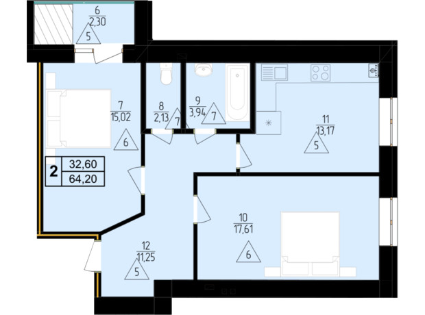 ЖК Мрия Золочев: планировка 2-комнатной квартиры 64.4 м²