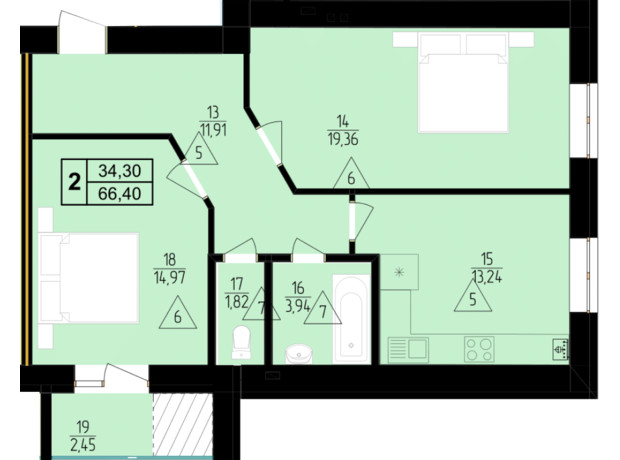 ЖК Мрія Золочів: планування 2-кімнатної квартири 66.5 м²