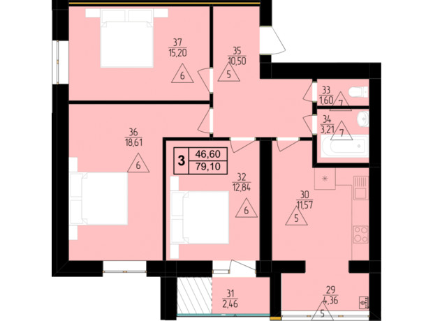 ЖК Мрія Золочів: планування 3-кімнатної квартири 79.5 м²