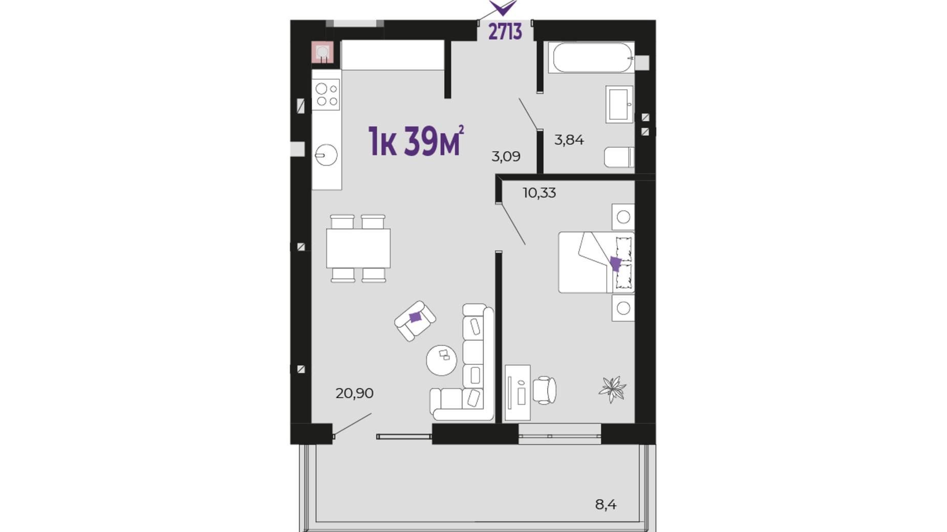 Планировка 1-комнатной квартиры в ЖК Долішній 39 м², фото 690482
