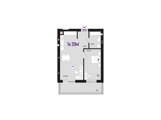 ЖК Долішній: планировка 1-комнатной квартиры 39 м²