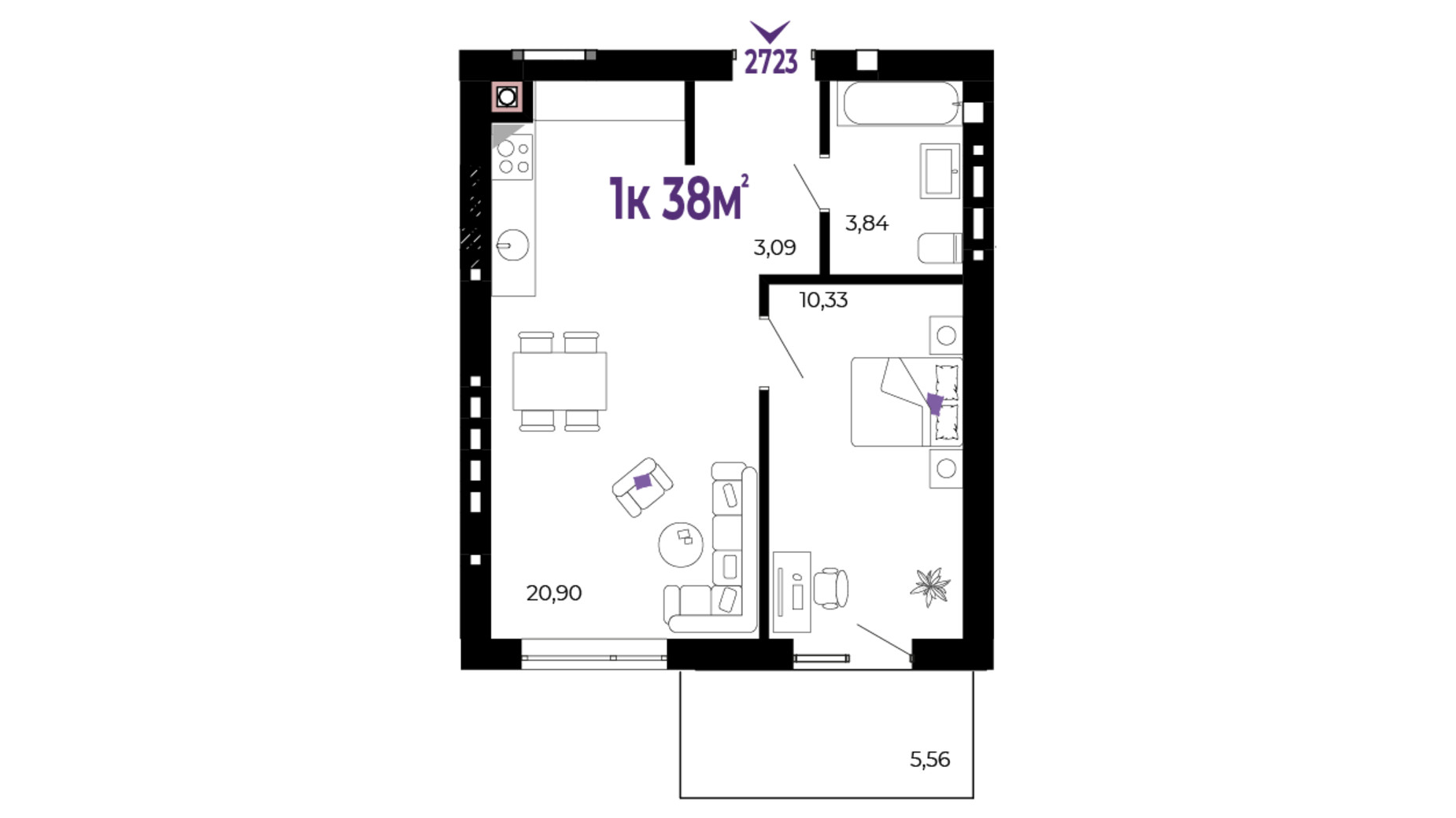 Планировка 1-комнатной квартиры в ЖК Долішній 38 м², фото 690488