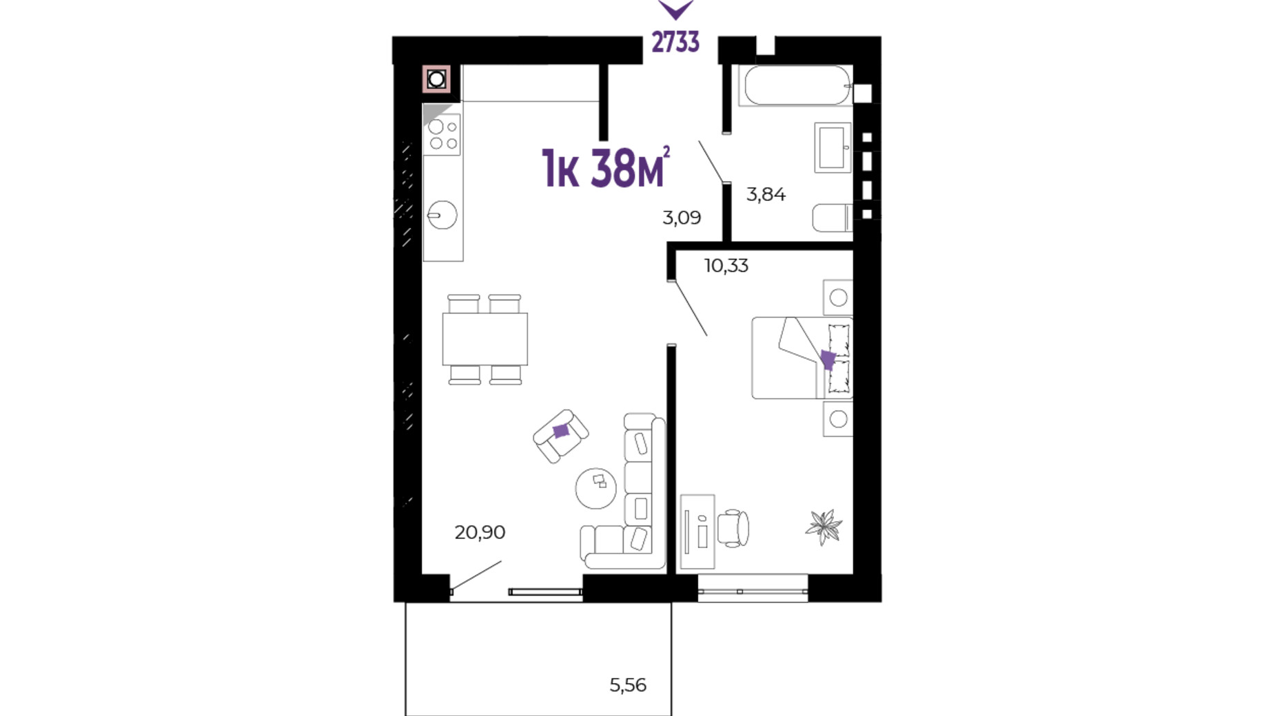 Планировка 1-комнатной квартиры в ЖК Долішній 38 м², фото 690489