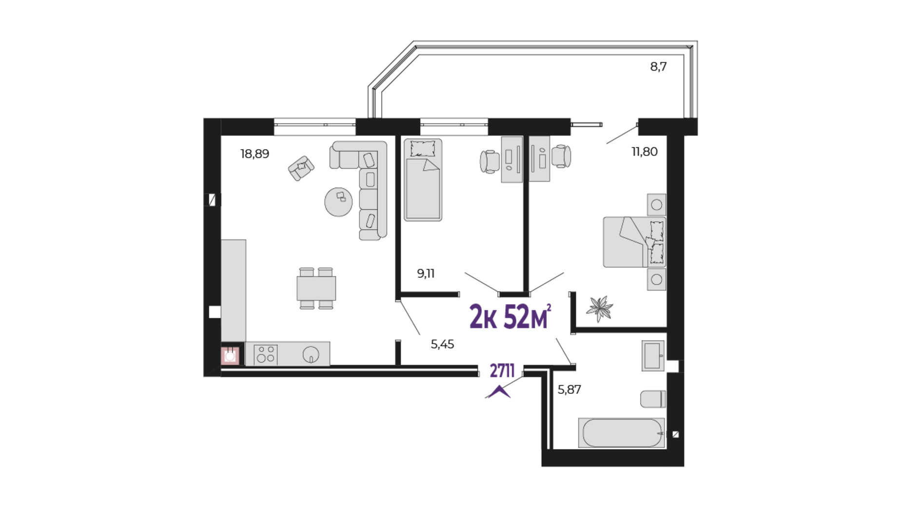 Планування 2-кімнатної квартири в ЖК Долішній 52 м², фото 690493