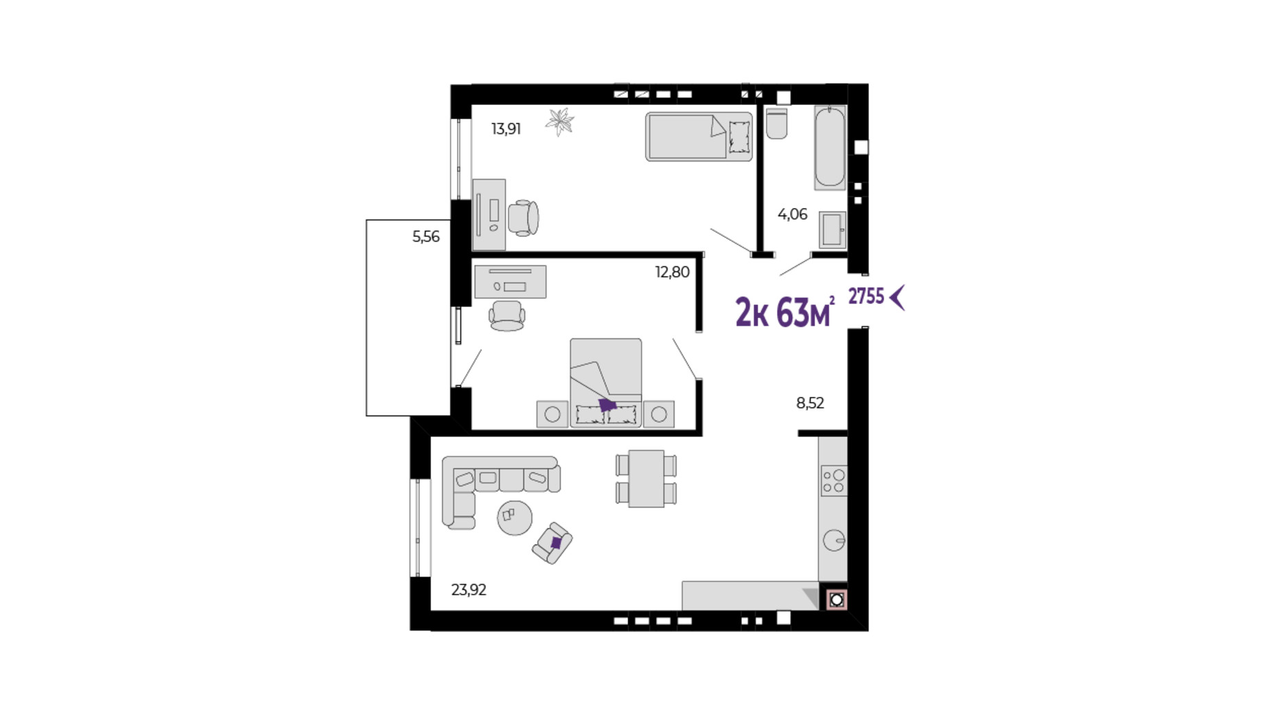 Планировка 2-комнатной квартиры в ЖК Долішній 63 м², фото 690494