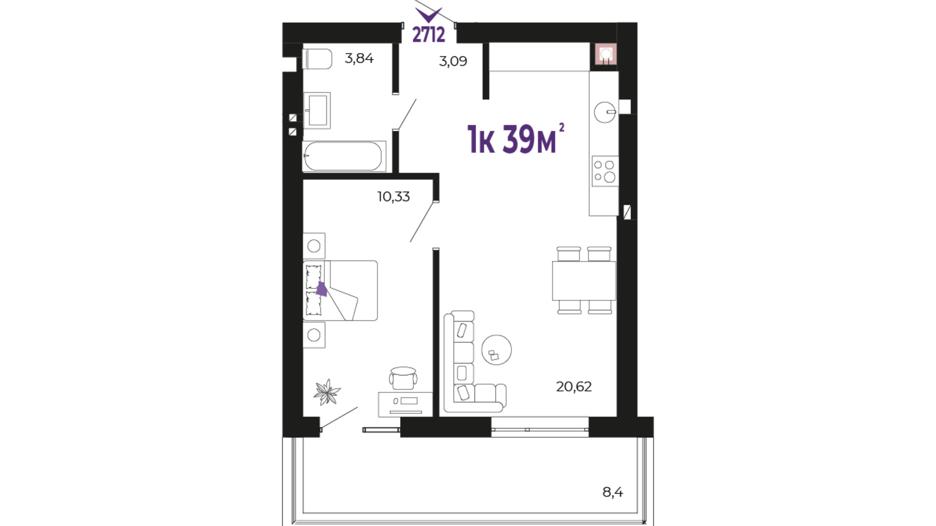 Планування 1-кімнатної квартири в ЖК Долішній 39 м², фото 690495