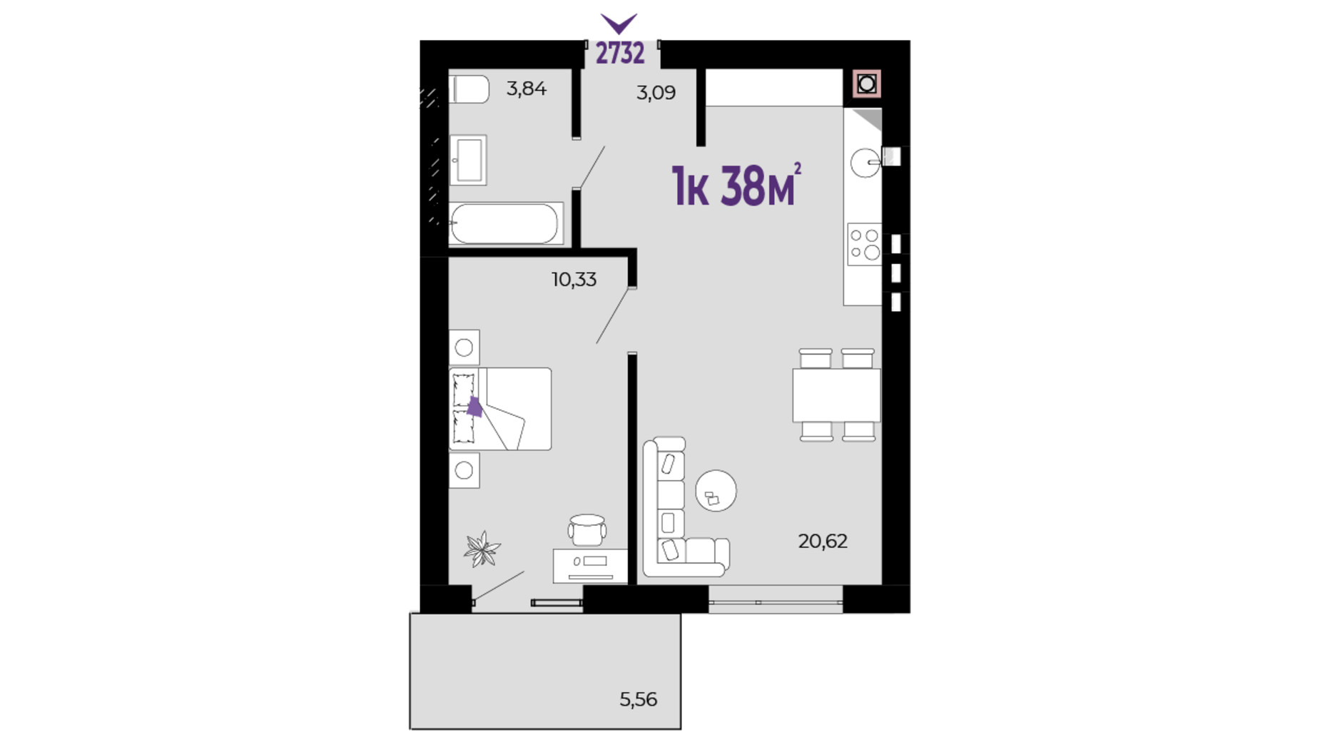 Планування 1-кімнатної квартири в ЖК Долішній 38 м², фото 690496