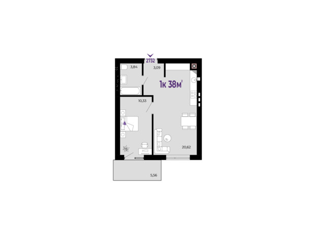 ЖК Долішній: планировка 1-комнатной квартиры 38 м²