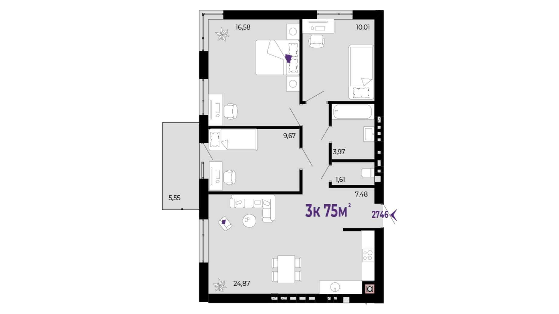Планування 3-кімнатної квартири в ЖК Долішній 73 м², фото 690502