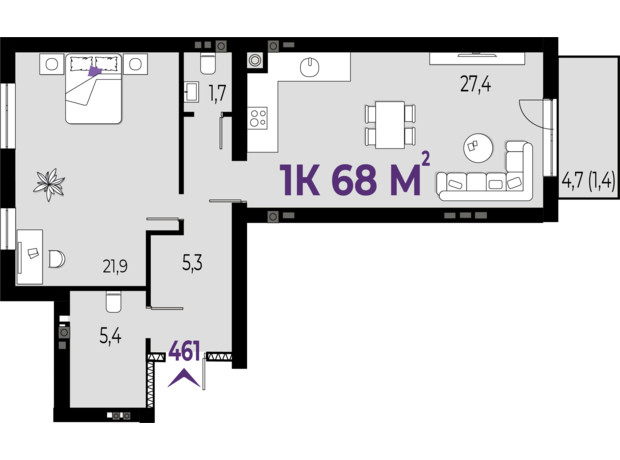 ЖК Wawel: планировка 1-комнатной квартиры 66 м²