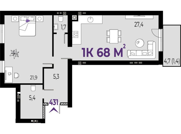 ЖК Wawel: планировка 1-комнатной квартиры 66 м²