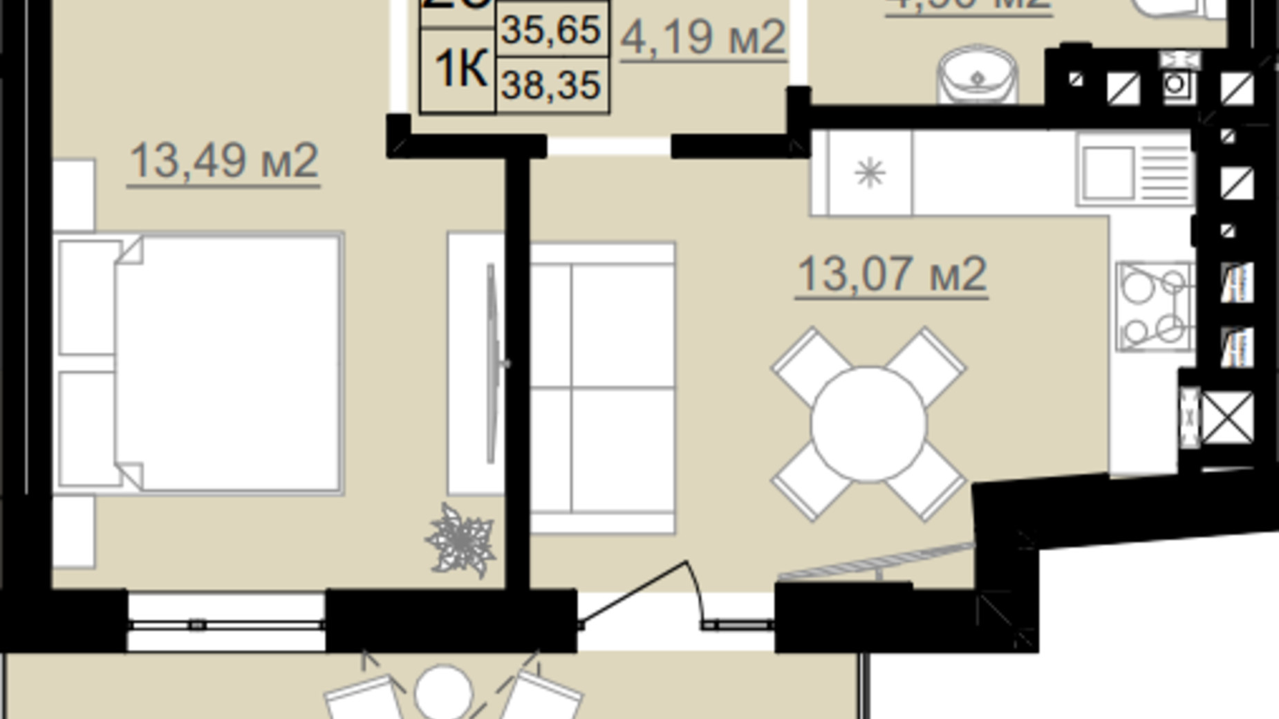 Планування 1-кімнатної квартири в ЖК D2 38.35 м², фото 690577