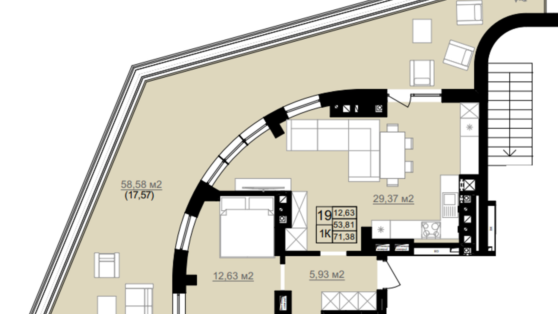 Планування 1-кімнатної квартири в ЖК D2 71.38 м², фото 690578