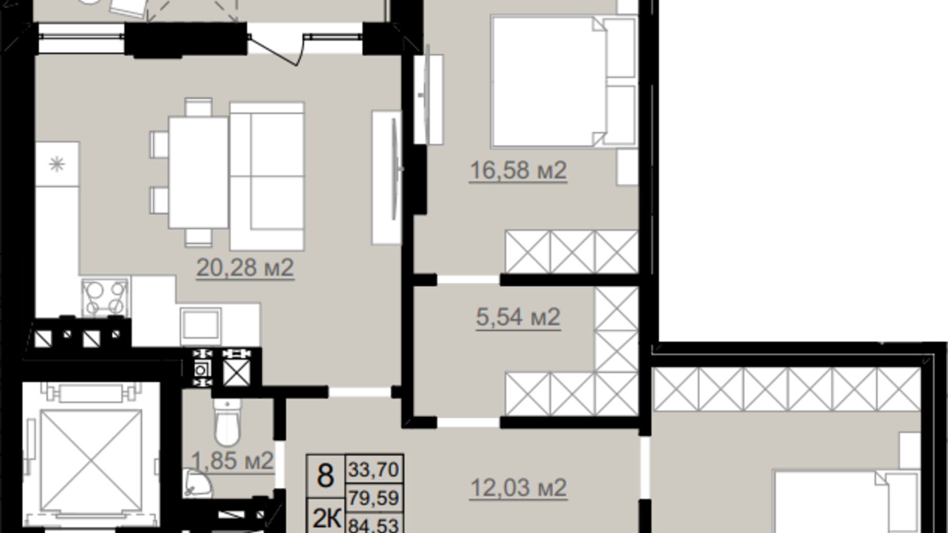 Планировка 2-комнатной квартиры в ЖК D2 84.35 м², фото 690580