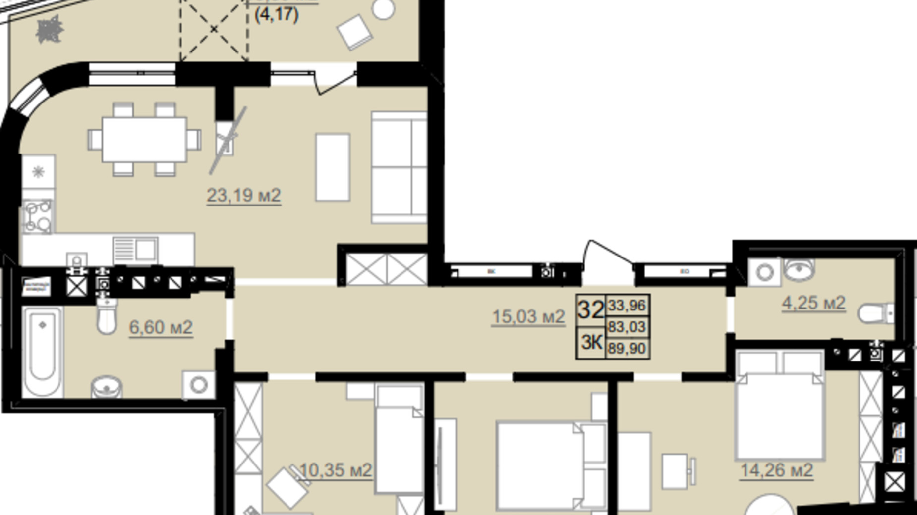 Планировка 3-комнатной квартиры в ЖК D2 89.9 м², фото 690581