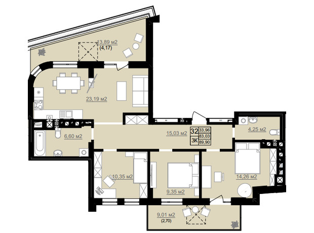 ЖК D2: планировка 3-комнатной квартиры 89.9 м²