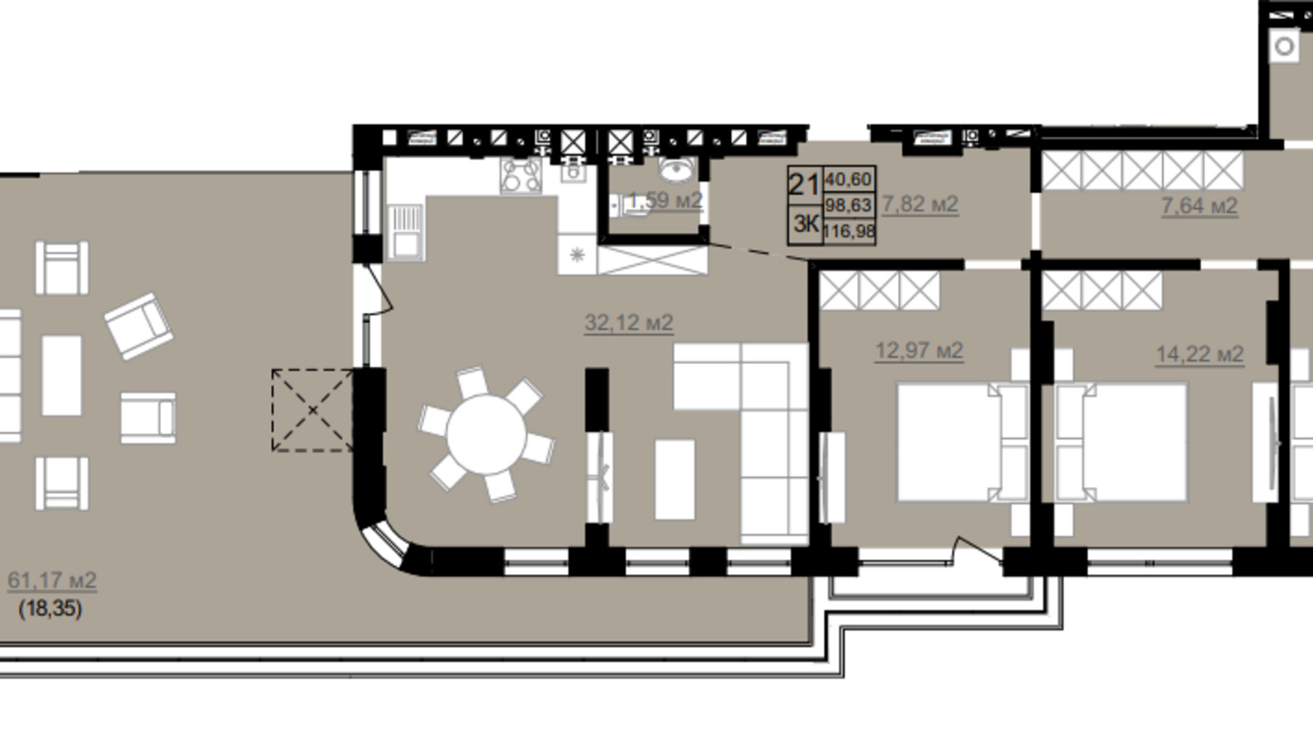 Планировка 3-комнатной квартиры в ЖК D2 116.98 м², фото 690582