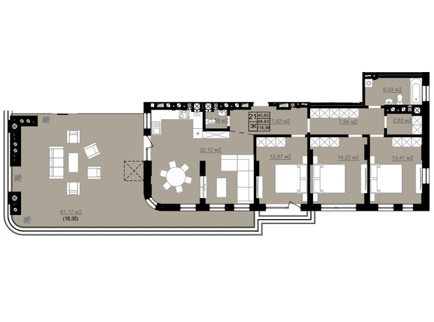 ЖК D2: планировка 3-комнатной квартиры 116.98 м²
