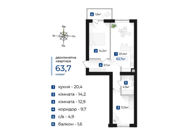 ЖК Містечко Південне: планування 2-кімнатної квартири 63.7 м²