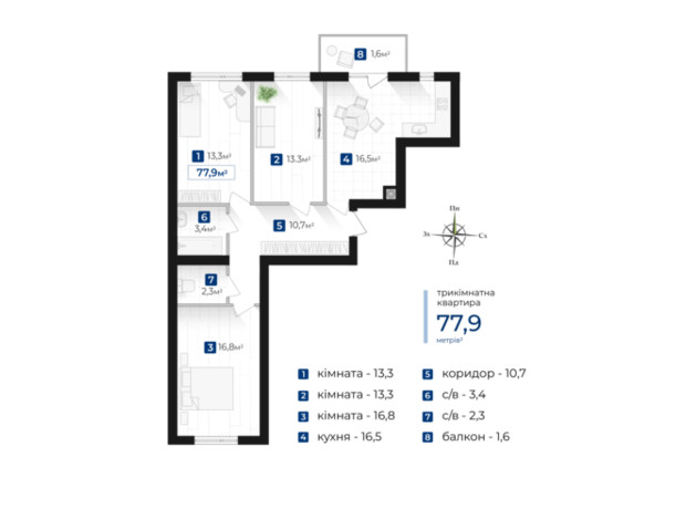 ЖК Городок Южный: планировка 3-комнатной квартиры 77.9 м²