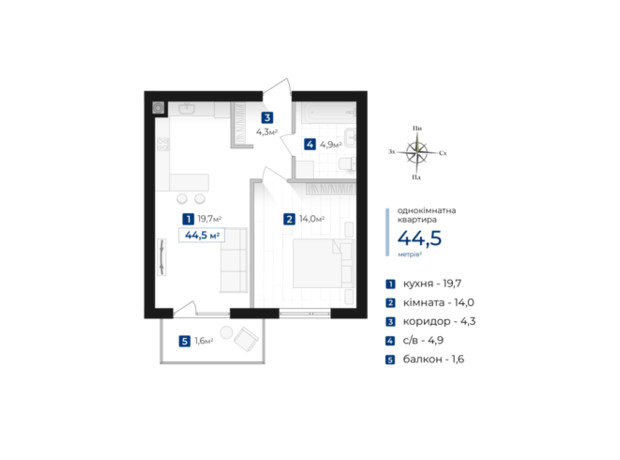 ЖК Городок Южный: планировка 1-комнатной квартиры 44.5 м²