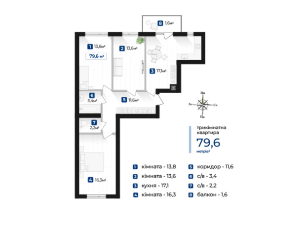 ЖК Містечко Південне: планування 3-кімнатної квартири 79.6 м²