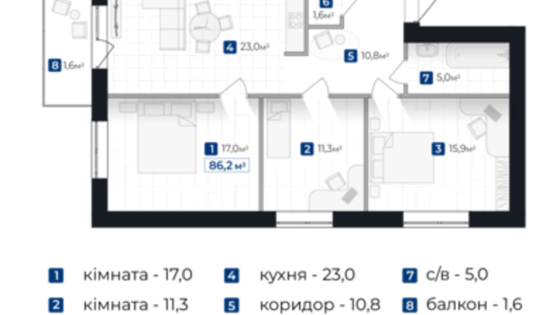 Планування 3-кімнатної квартири в ЖК Містечко Південне 86.2 м², фото 690615