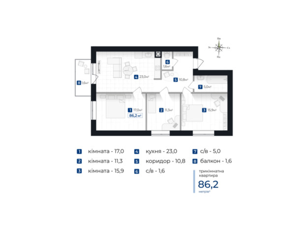 ЖК Городок Южный: планировка 3-комнатной квартиры 86.2 м²