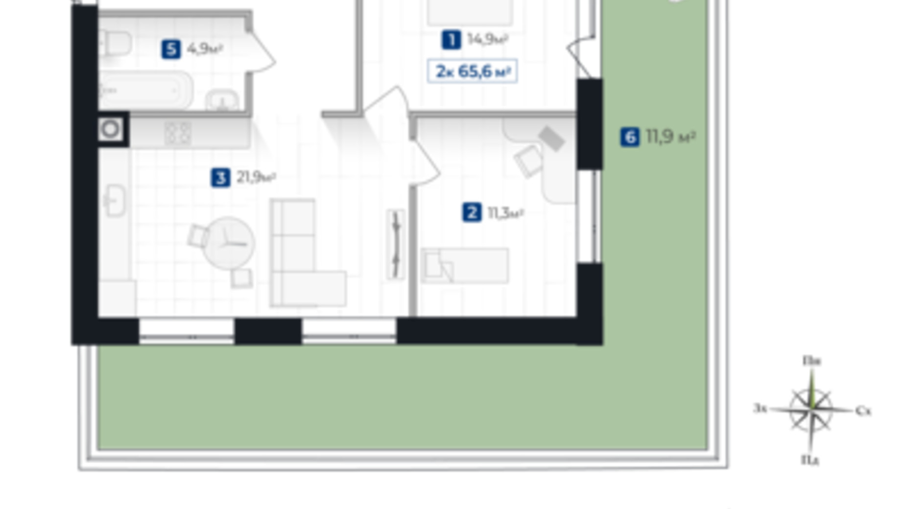 Планування 2-кімнатної квартири в ЖК Містечко Південне 77.5 м², фото 690619