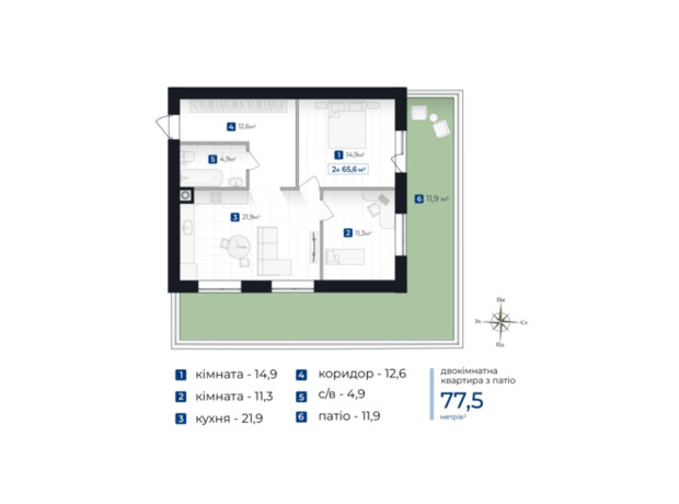 ЖК Містечко Південне: планування 2-кімнатної квартири 77.5 м²