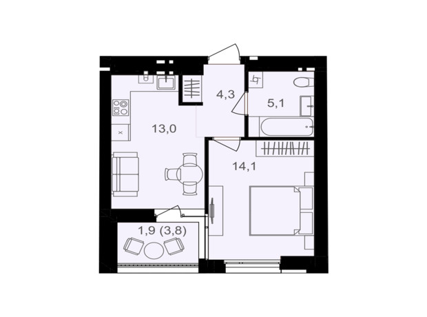 ЖК Lavanda Park: планировка 1-комнатной квартиры 38.4 м²