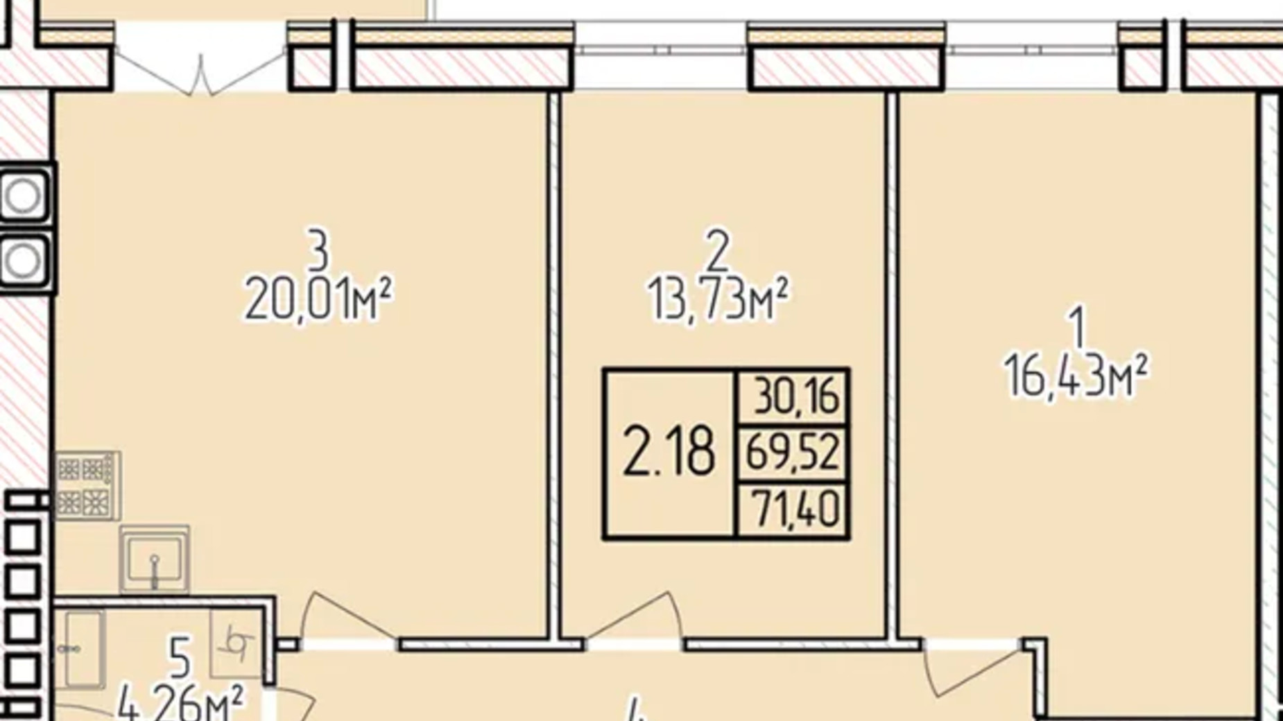 Планировка 2-комнатной квартиры в ЖК Велес 74.1 м², фото 690751