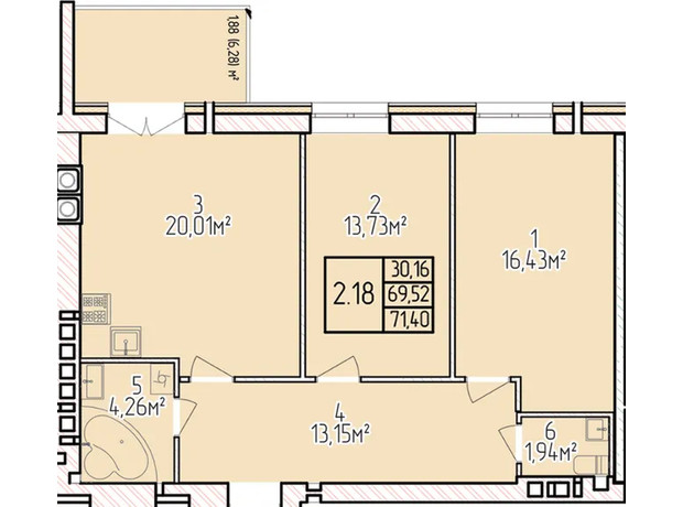 ЖК Велес: планування 2-кімнатної квартири 74.1 м²