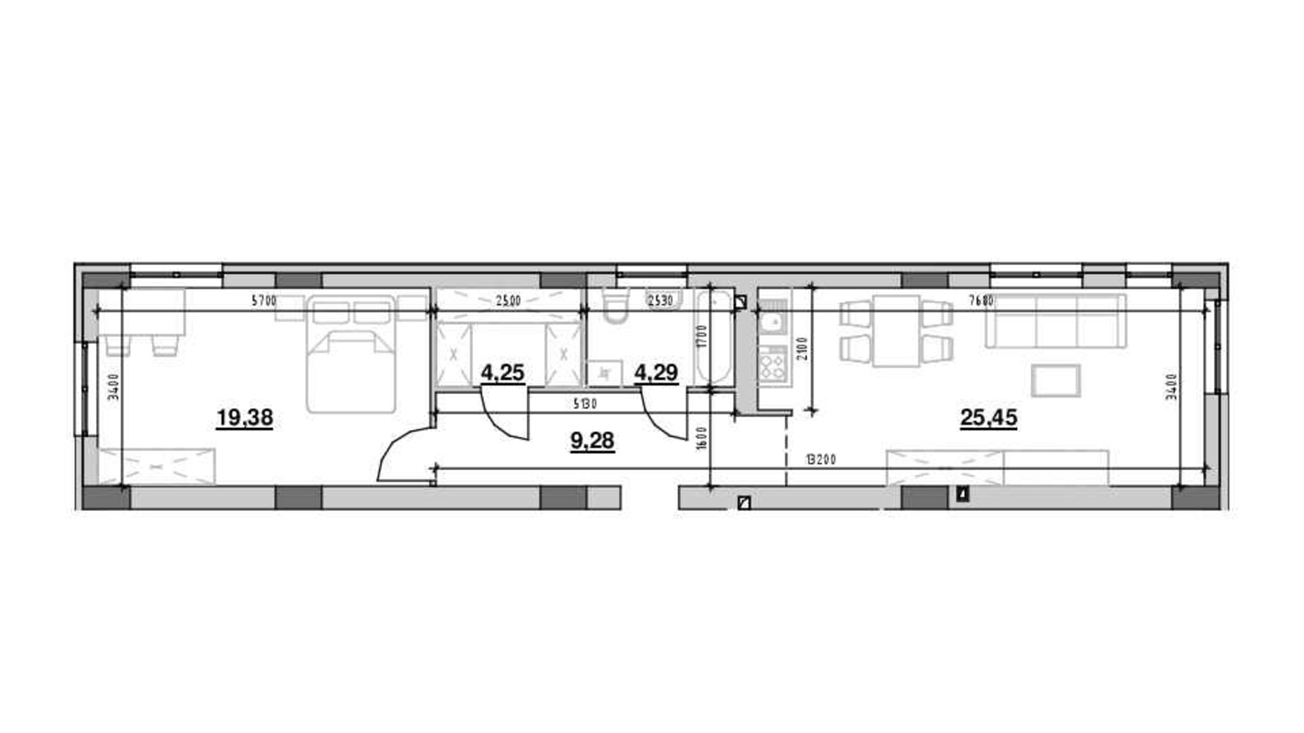 Планировка 1-комнатной квартиры в ЖК Риел Сити 63.8 м², фото 690863