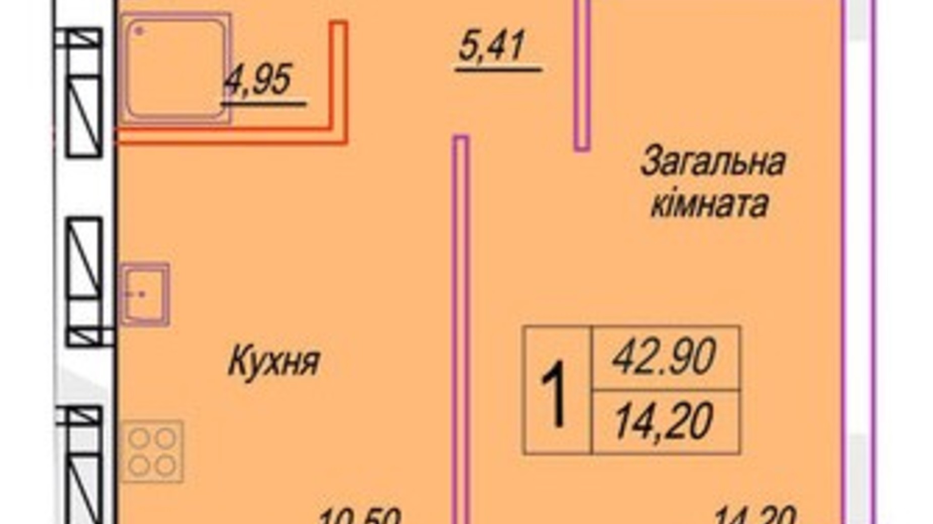 Планування 1-кімнатної квартири в ЖК Смарт Сіті 3 42.9 м², фото 690931