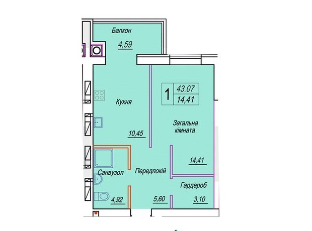 ЖК Смарт Сіті 3: планування 1-кімнатної квартири 43.07 м²