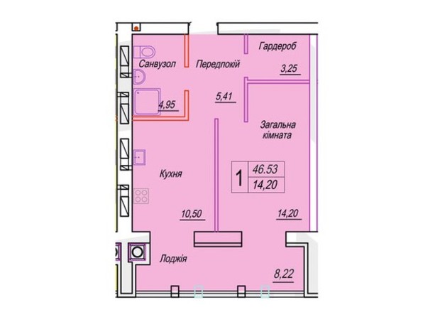 ЖК Смарт Сіті 3: планування 1-кімнатної квартири 46.53 м²