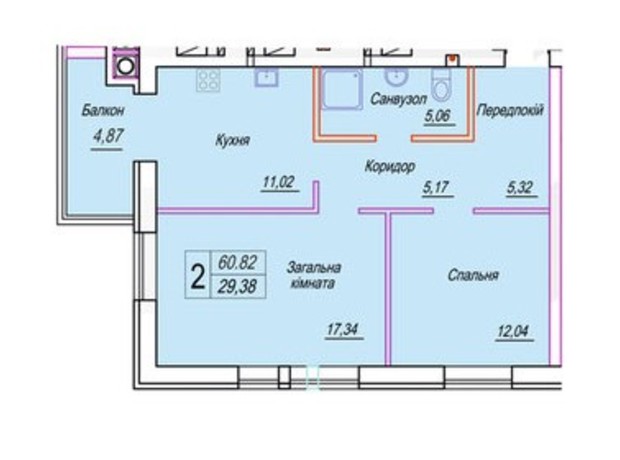 ЖК Смарт Сити 3: планировка 2-комнатной квартиры 60.82 м²