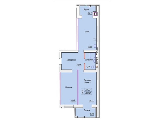 ЖК Смарт Сити 3: планировка 2-комнатной квартиры 70.77 м²