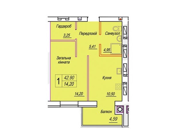 ЖК Смарт Сіті 3: планування 1-кімнатної квартири 42.9 м²