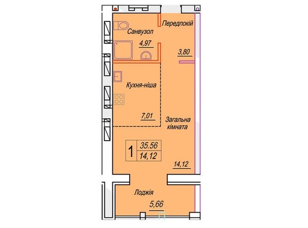 ЖК Смарт Сити 3: планировка 1-комнатной квартиры 35.56 м²