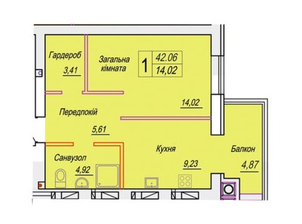 ЖК Смарт Сіті 3: планування 1-кімнатної квартири 42.06 м²