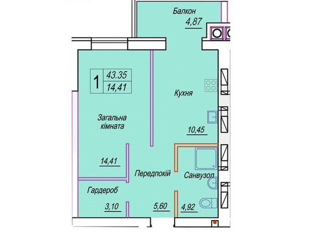 ЖК Смарт Сіті 3: планування 1-кімнатної квартири 43.35 м²