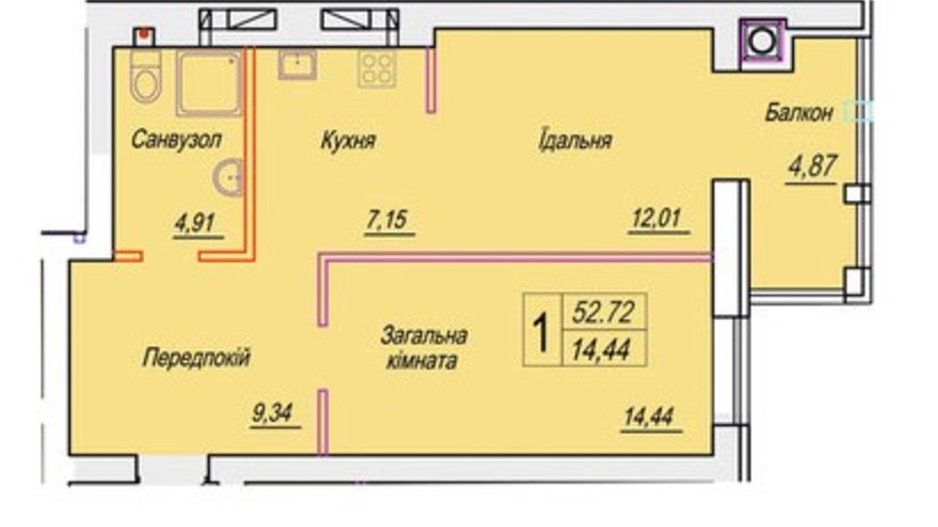 Планировка 1-комнатной квартиры в ЖК Смарт Сити 3 52.72 м², фото 690947